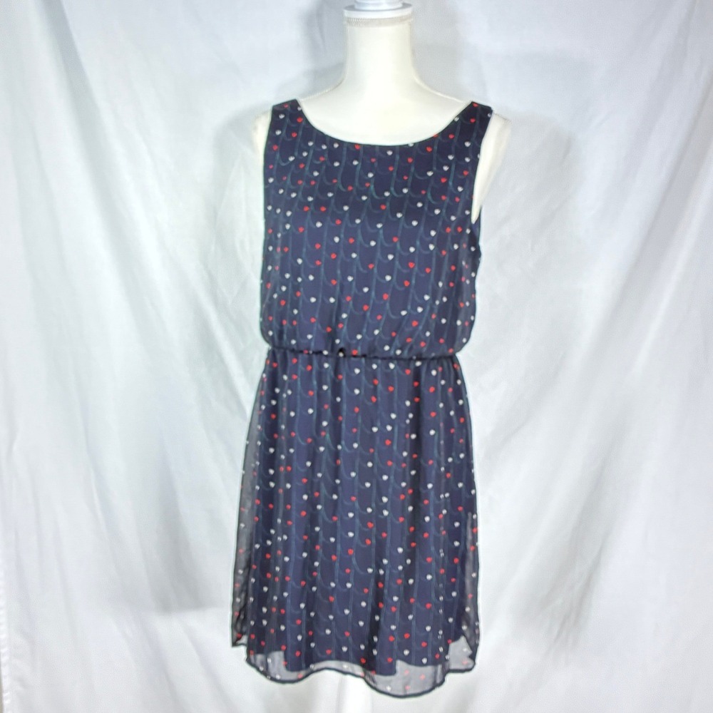 Hello Miss Womens Heart Print Sleeveless Blouson Dress Navy Blue Size Large‎